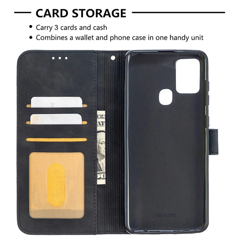 BINFEN COLOR For Samsung Galaxy A21s Phone Cases Wallet Stand Geometry Imprint Leather Cover - Black - 3