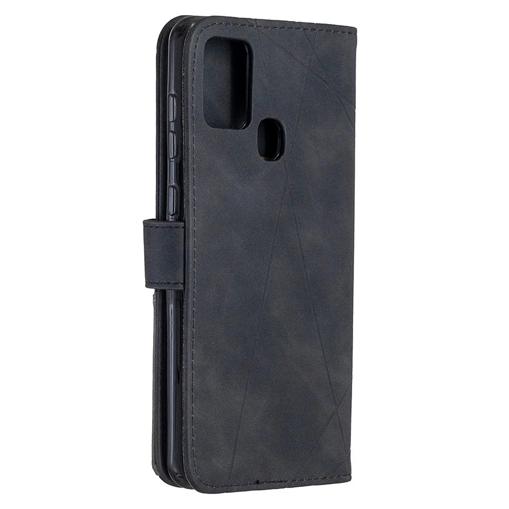 BINFEN COLOR For Samsung Galaxy A21s Phone Cases Wallet Stand Geometry Imprint Leather Cover - Black - 7