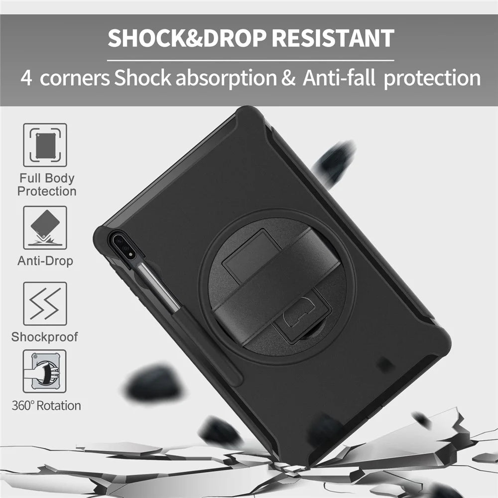 For Samsung Galaxy Tab S7+ / S8+ 360° Swivel Kickstand PC + TPU Tablet Case with Pen Slot and Hand Strap - Black - 2