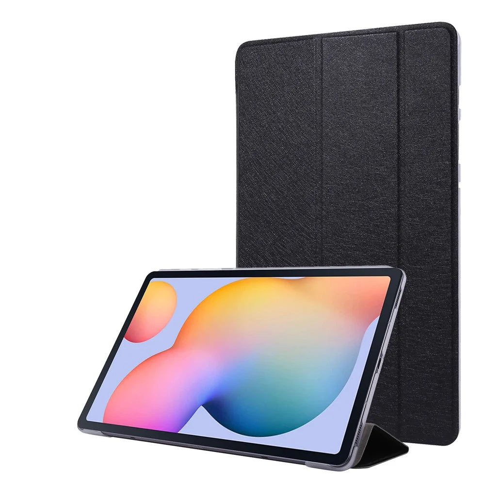 Silk Texture Tri-fold Stand Leather Tablet Case for Samsung Galaxy Tab S7+ / S8+ - Black - 1