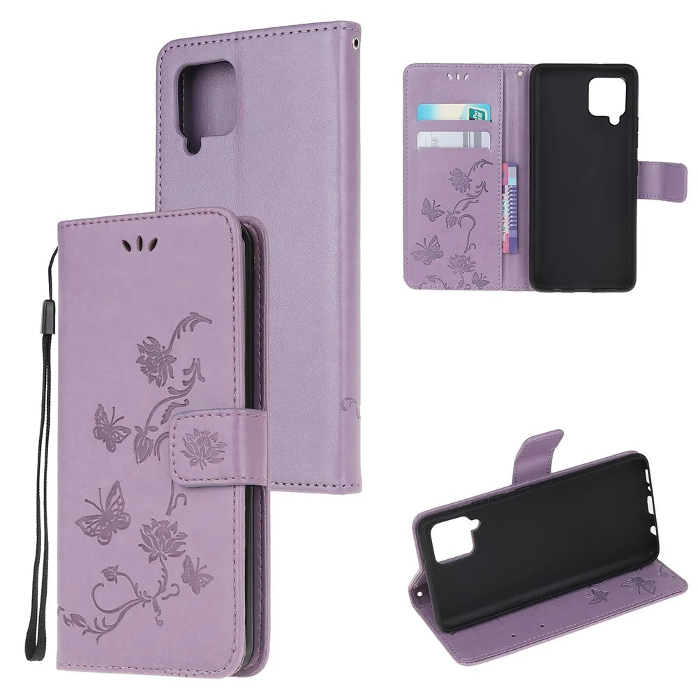 Imprint Butterfly Flowers Leather Shell Wallet Phone Case for Samsung Galaxy A42 5G - Light Purple - 1