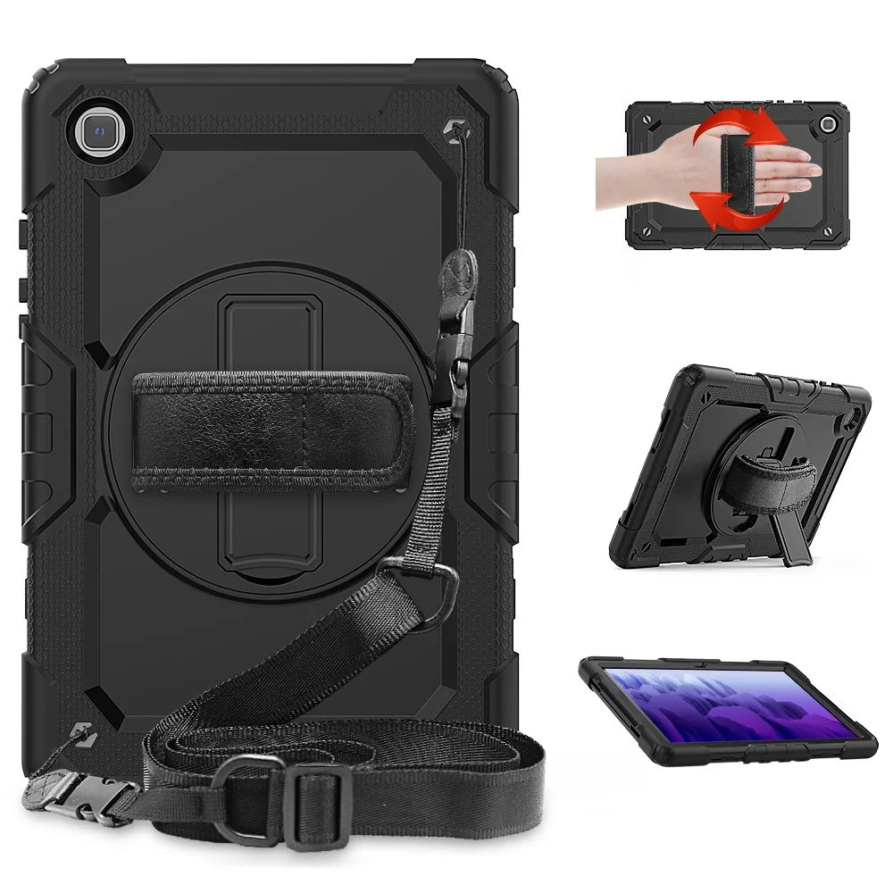 For Samsung Galaxy Tab A7 10.4 (2020) / (2022) 360 Degree Swivel Kickstand Tablet Cover with Shoulder Strap - Black / Black - 1