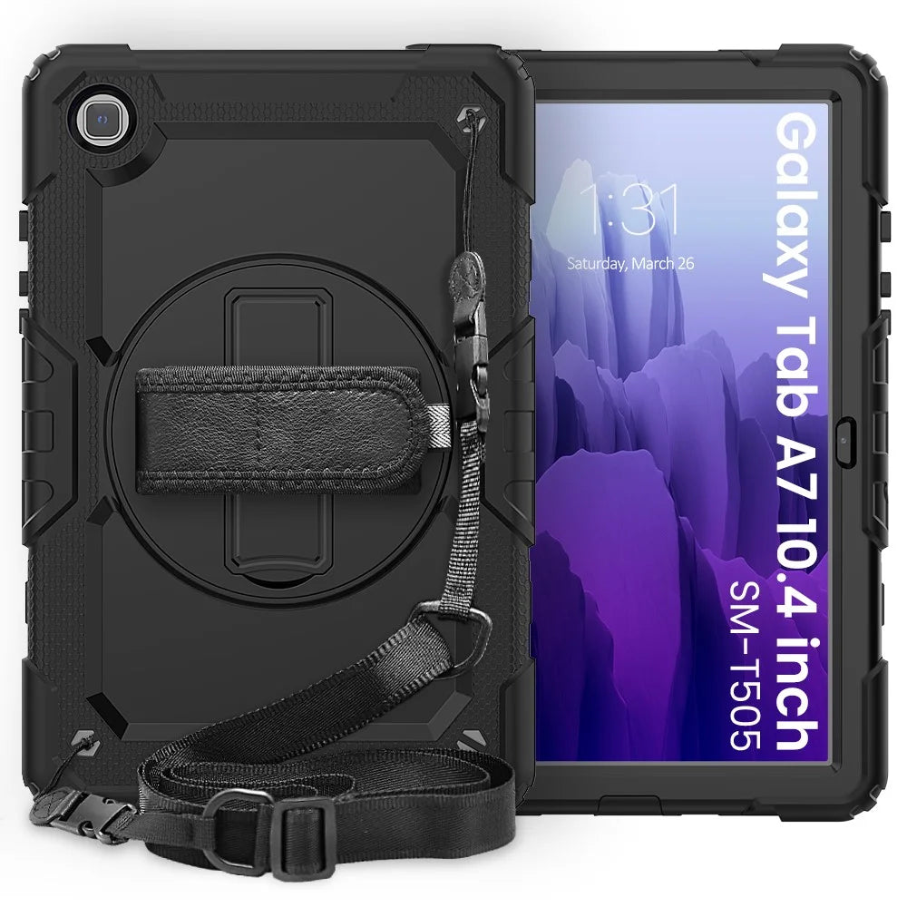 For Samsung Galaxy Tab A7 10.4 (2020) / (2022) 360 Degree Swivel Kickstand Tablet Cover with Shoulder Strap - Black / Black - 2