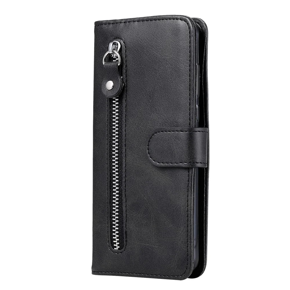 Zipper Pocket Leather Wallet Stand Case for Samsung Galaxy S20 FE 4G/5G/2022/S20 Lite - Black - 3
