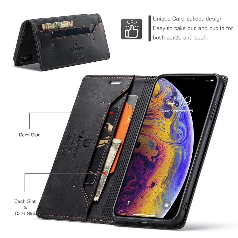 AUTSPACE A01 Series RFID Blocking Retro Matte Wallet Leather Case for iPhone XS Max 6.5 inch - Black - 2