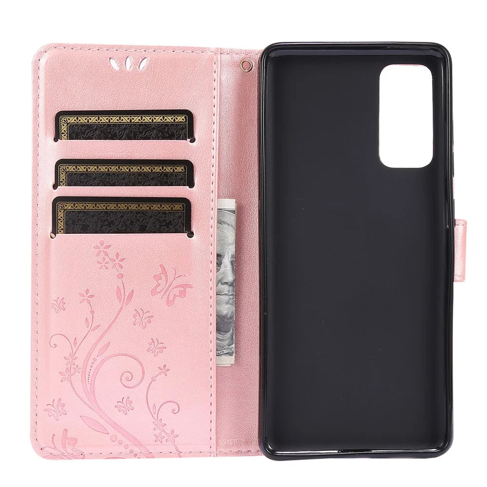 For Samsung Galaxy S20 FE 4G/5G/S20 Lite/S20 FE 2022 Butterfly Flower Imprinting Leather Wallet Case - Rose Gold - 6