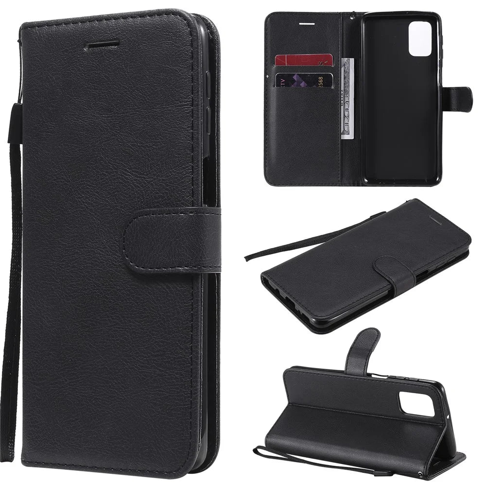 For Samsung Galaxy M31s Case Solid Color Leather Mobile Cover Wallet Stand with Strap - Black - 1