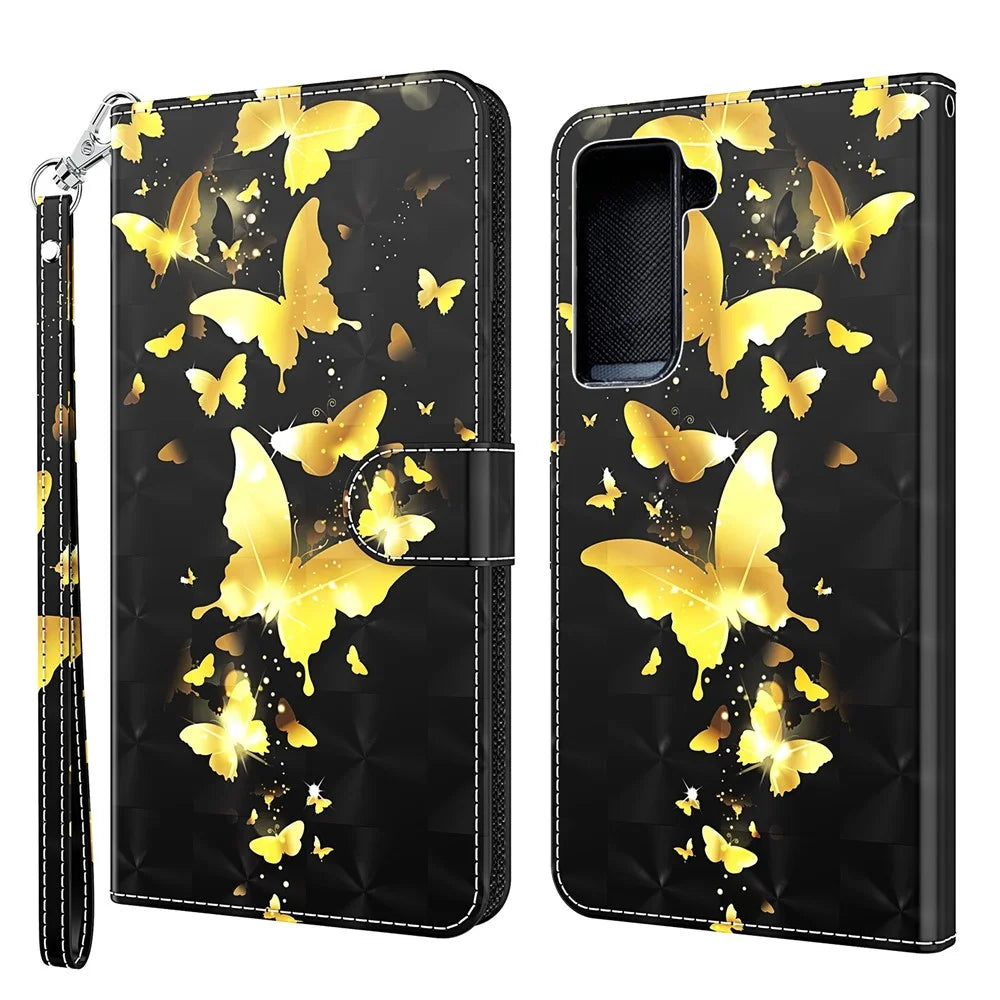 Light Spot Decor Pattern Printing Wallet Stand Leather Phone Cover with Strap for Samsung Galaxy S21 5G/S21 4G - Gold Butterfly - 1
