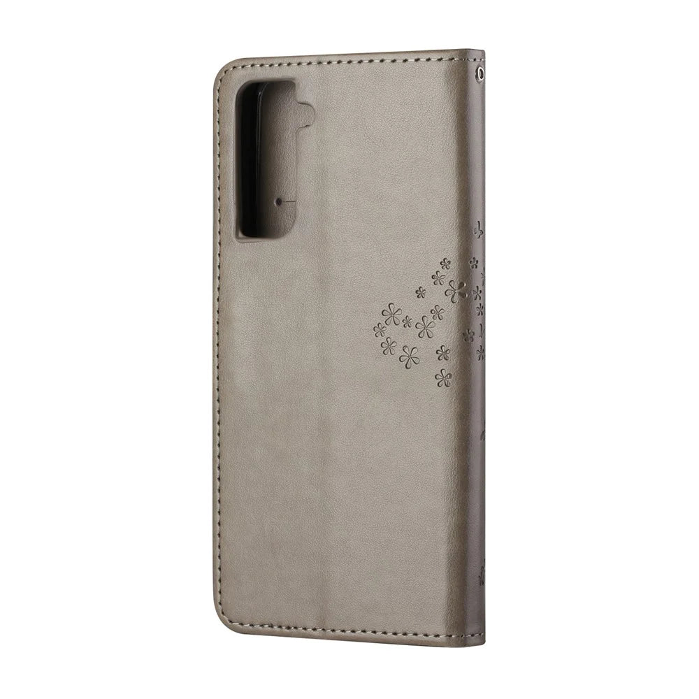 Imprint Tree Owl Wallet Leather Cover for Samsung Galaxy S21 5G/S21 4G Stand Case - Grey - 4
