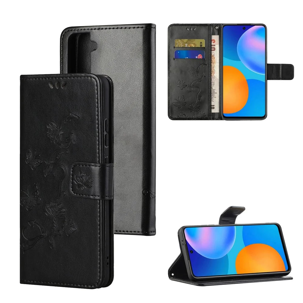 Imprint Butterfly Flowers Leather Shell for Samsung Galaxy S21 5G/S21 4G Wallet Phone Case - Black - 1