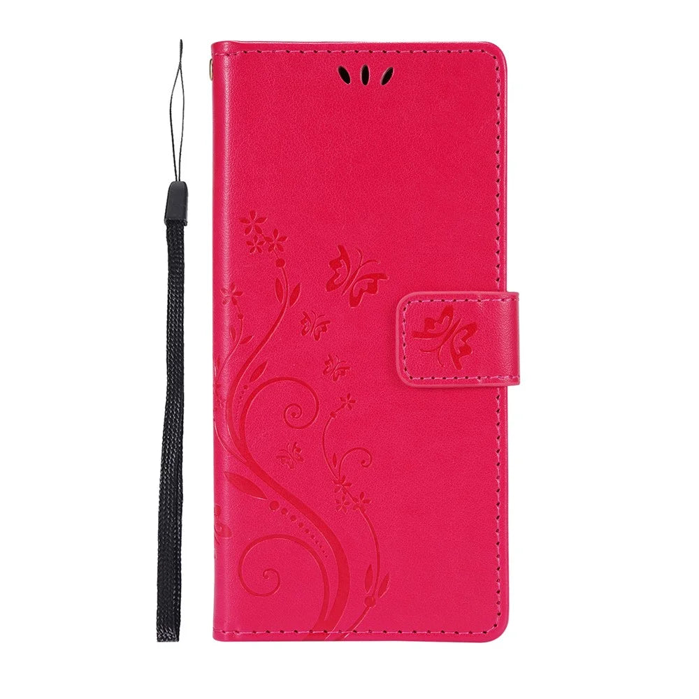 Butterfly Flower Imprinting Leather Wallet Phone Stand Case with Wrist Strap for Samsung Galaxy S21 5G/S21 4G - Red - 2