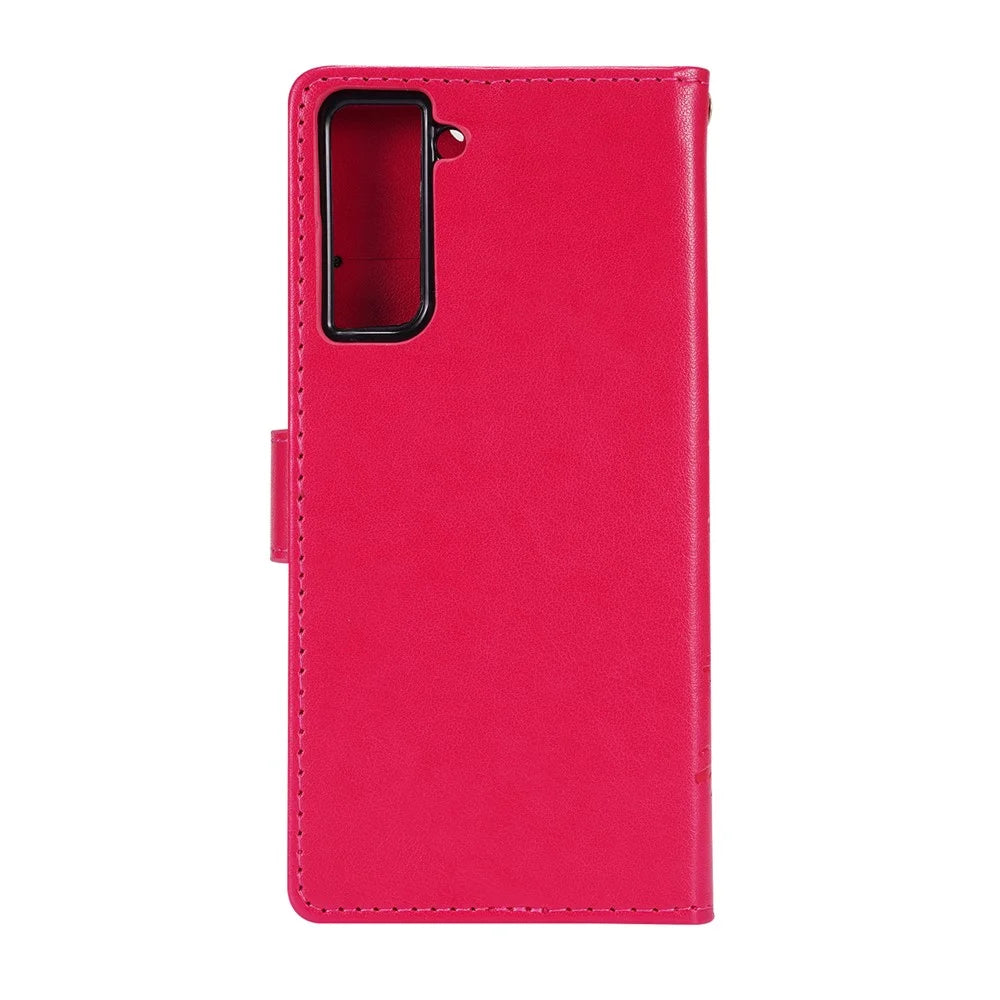 Butterfly Flower Imprinting Leather Wallet Phone Stand Case with Wrist Strap for Samsung Galaxy S21 5G/S21 4G - Red - 3