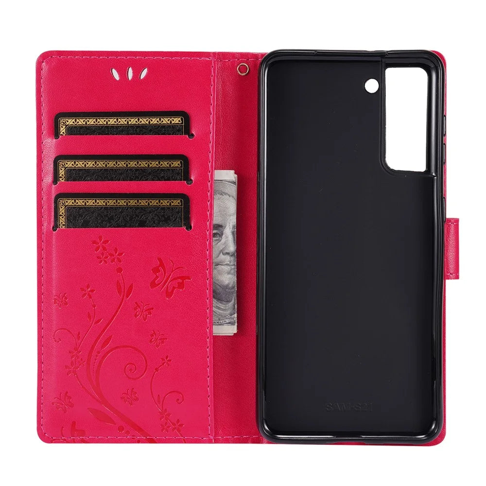 Butterfly Flower Imprinting Leather Wallet Phone Stand Case with Wrist Strap for Samsung Galaxy S21 5G/S21 4G - Red - 6