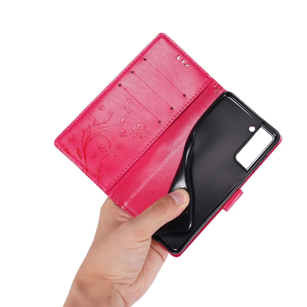 Butterfly Flower Imprinting Leather Wallet Phone Stand Case with Wrist Strap for Samsung Galaxy S21 5G/S21 4G - Red - 7