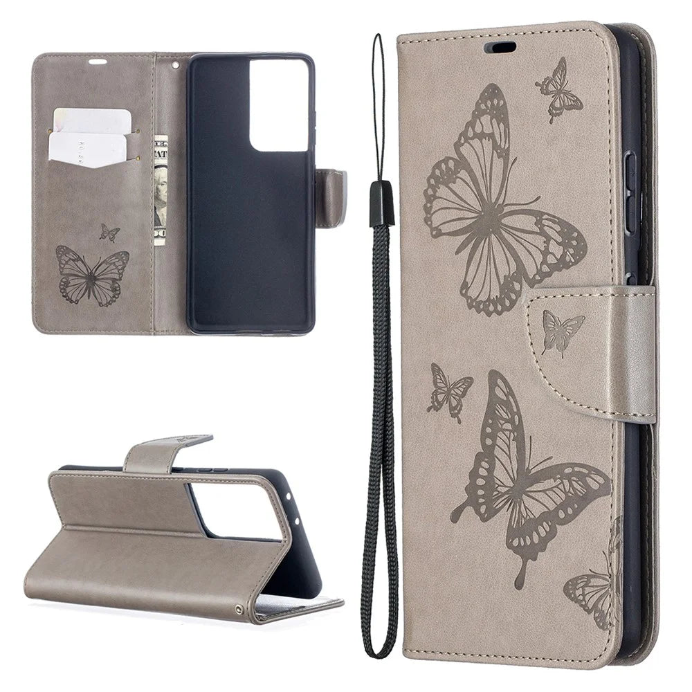 Imprint Butterflies Pattern Wallet Stand Leather Cover for Samsung Galaxy S21 Ultra 5G - Grey - 1