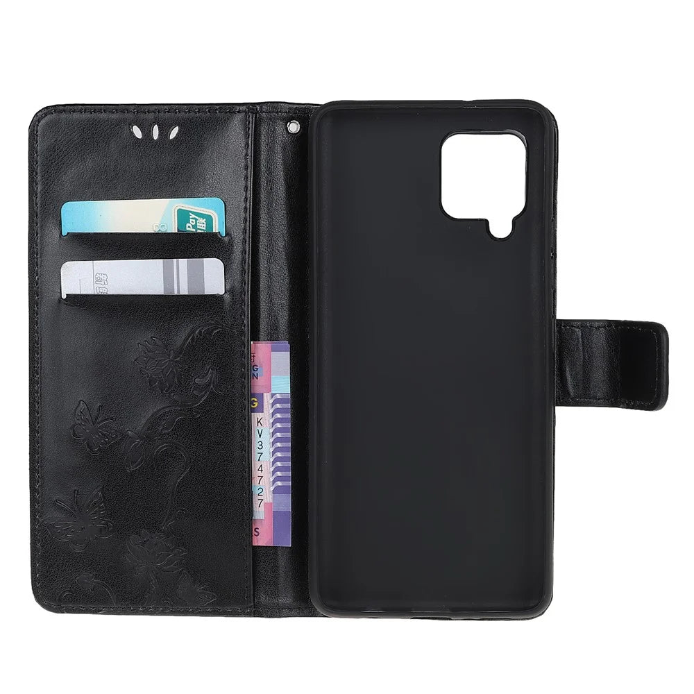 Imprint Butterfly Flowers Leather Wallet Phone Cover for Samsung Galaxy A12 Cell Phone Accessory - Black - 5