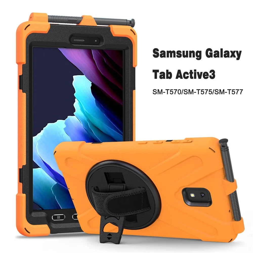 PC and Silicone Tablet Case + Pen Slot + Hand Band + 360° Swivel Kickstand for Samsung Galaxy Tab Active 3 T570/T575/T575N/T577 - Orange - 2