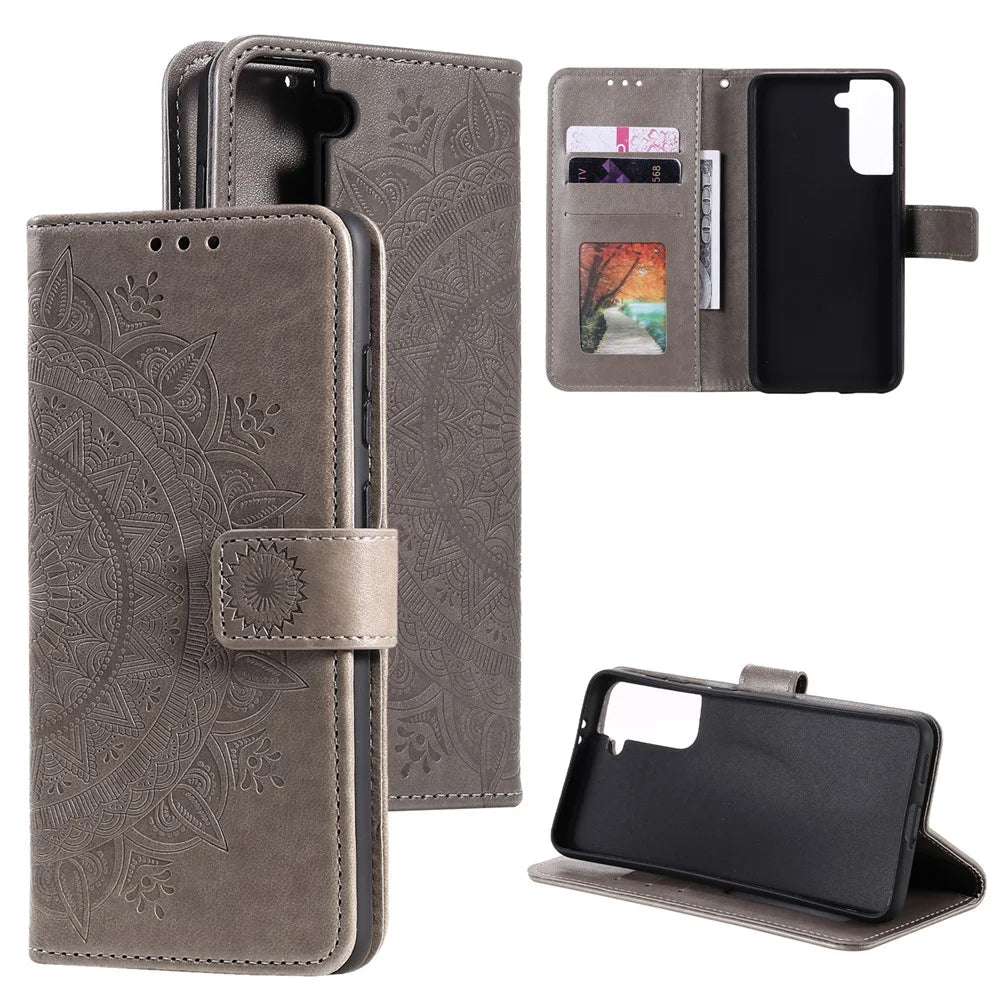 Imprinted Mandala Flower Wallet Leather Case for Samsung Galaxy S21 4G/5G Stand Flip Cover - Grey - 1