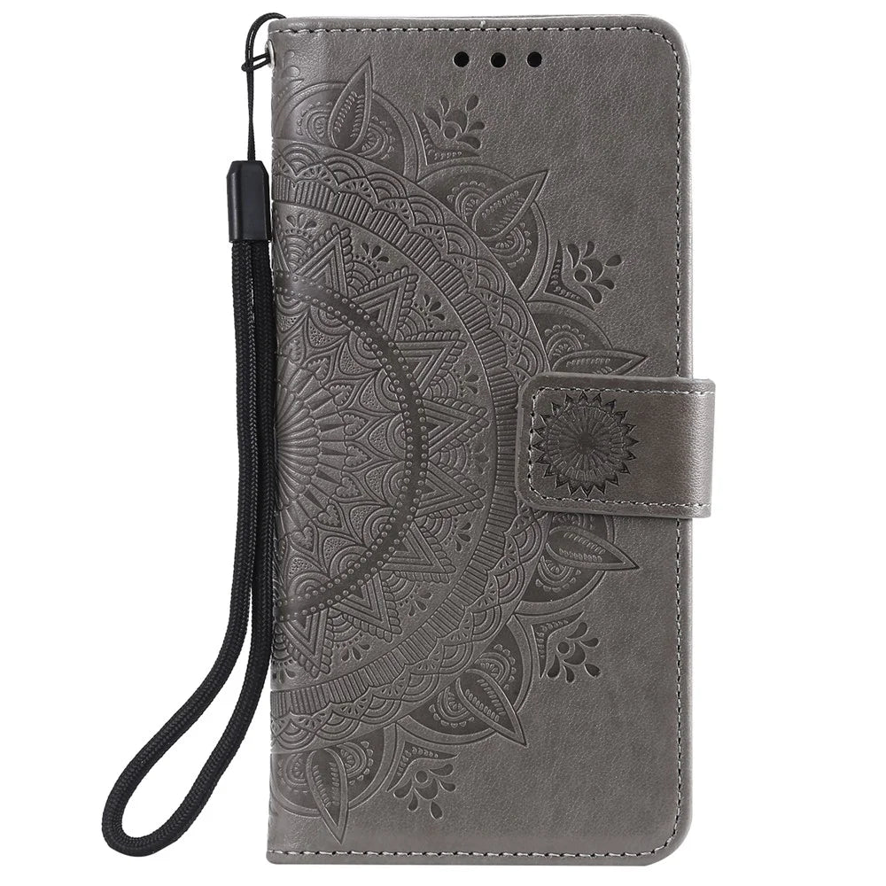 Imprinted Mandala Flower Protector Leather Case for Samsung Galaxy S21+ 5G Stand Flip Cover - Grey - 2