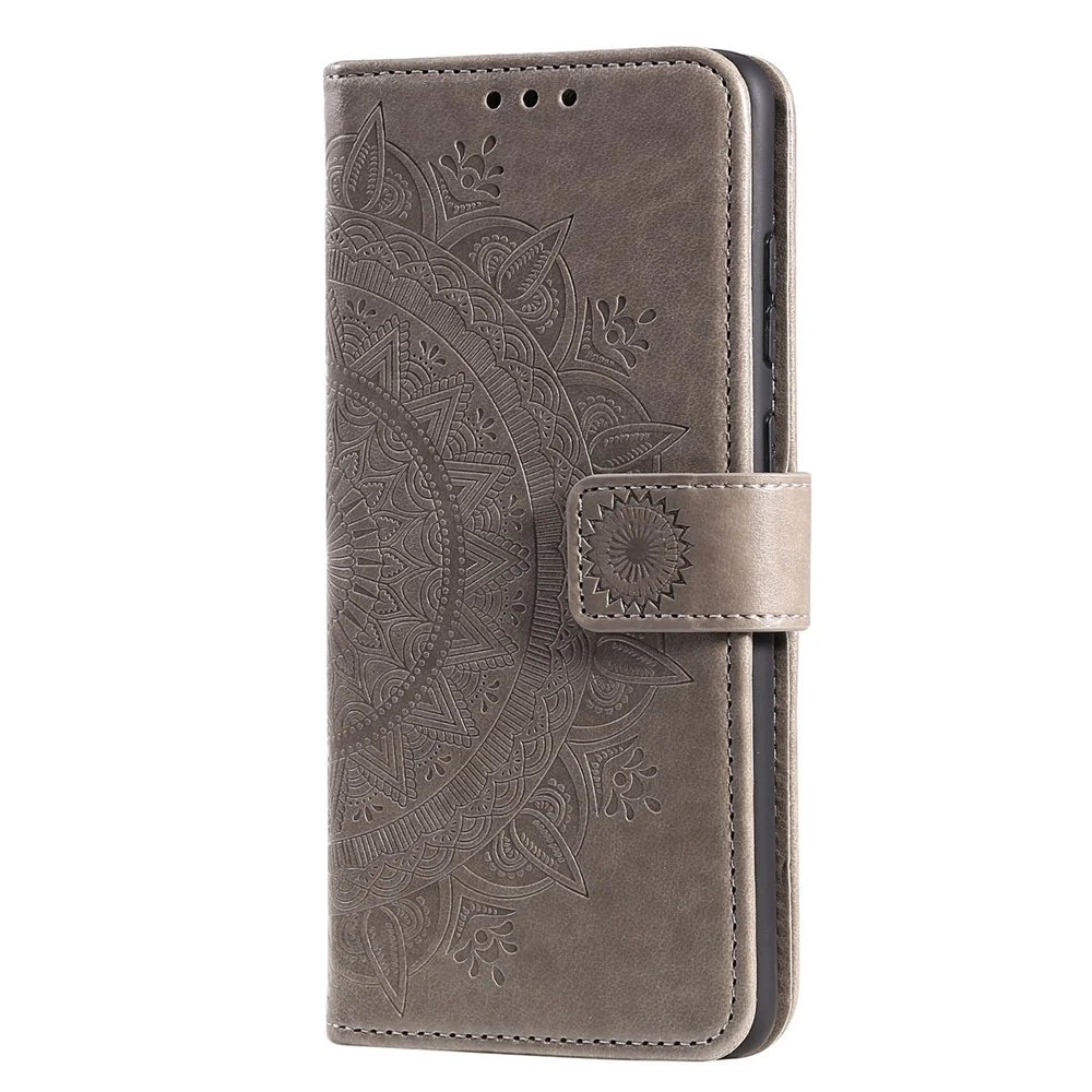 Imprinted Mandala Flower Protector Leather Case for Samsung Galaxy S21+ 5G Stand Flip Cover - Grey - 4