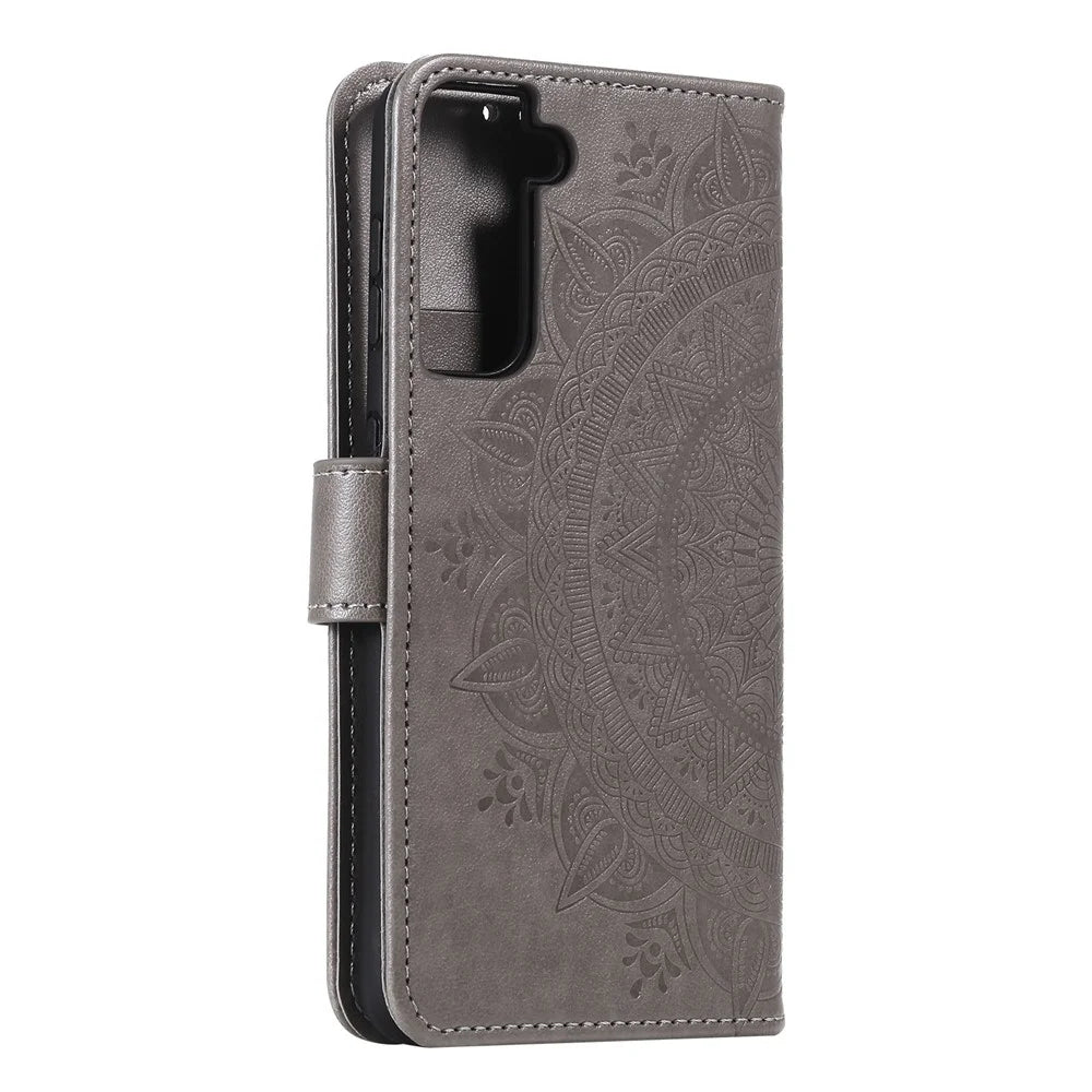Imprinted Mandala Flower Protector Leather Case for Samsung Galaxy S21+ 5G Stand Flip Cover - Grey - 5