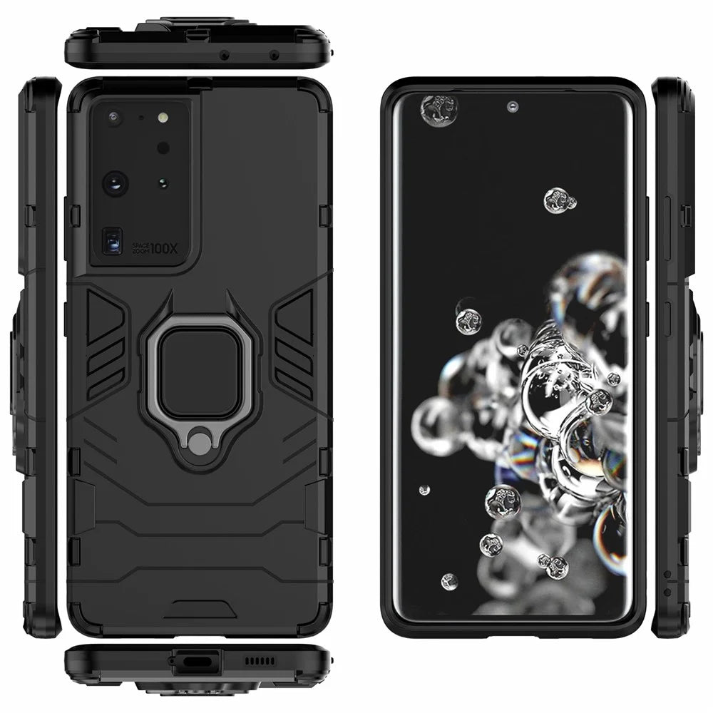 PC TPU Hybrid Case for Samsung Galaxy S21 Ultra 5G Cool Guard Ring Holder Kickstand Shell - Black - 3