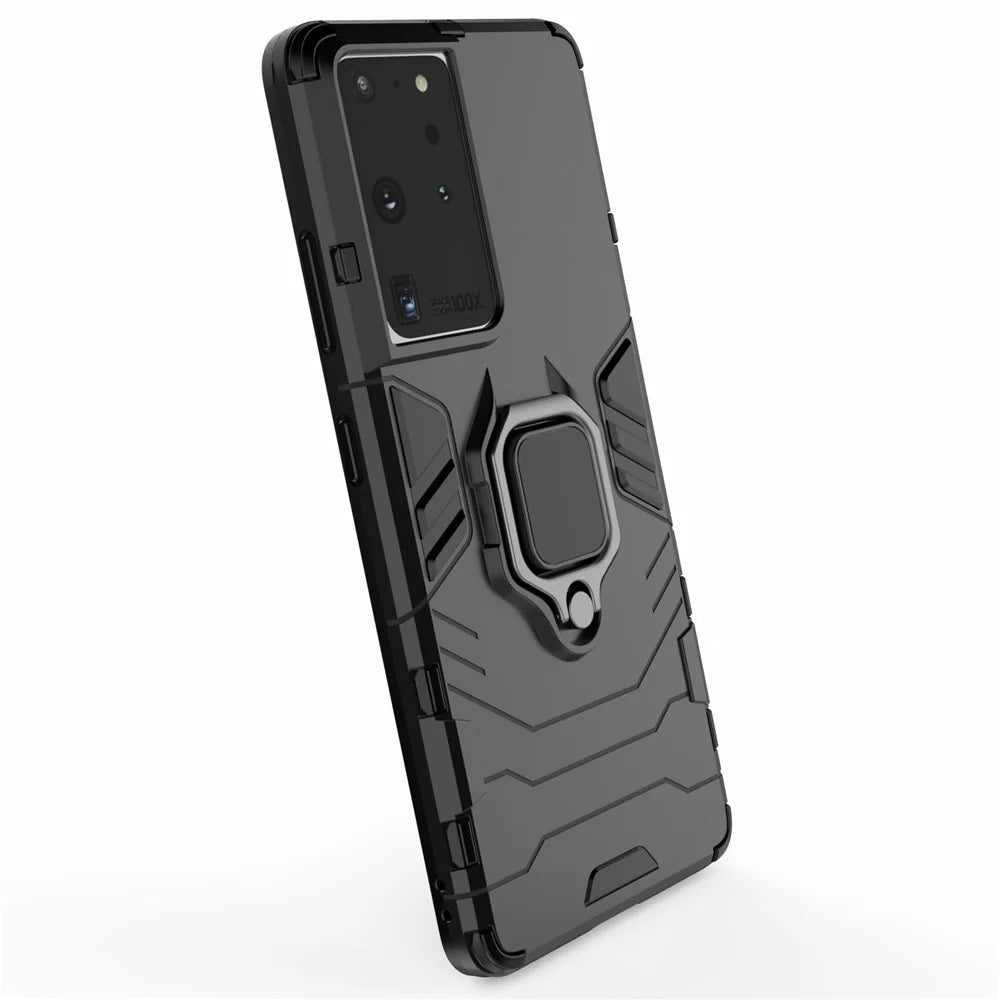 PC TPU Hybrid Case for Samsung Galaxy S21 Ultra 5G Cool Guard Ring Holder Kickstand Shell - Black - 6