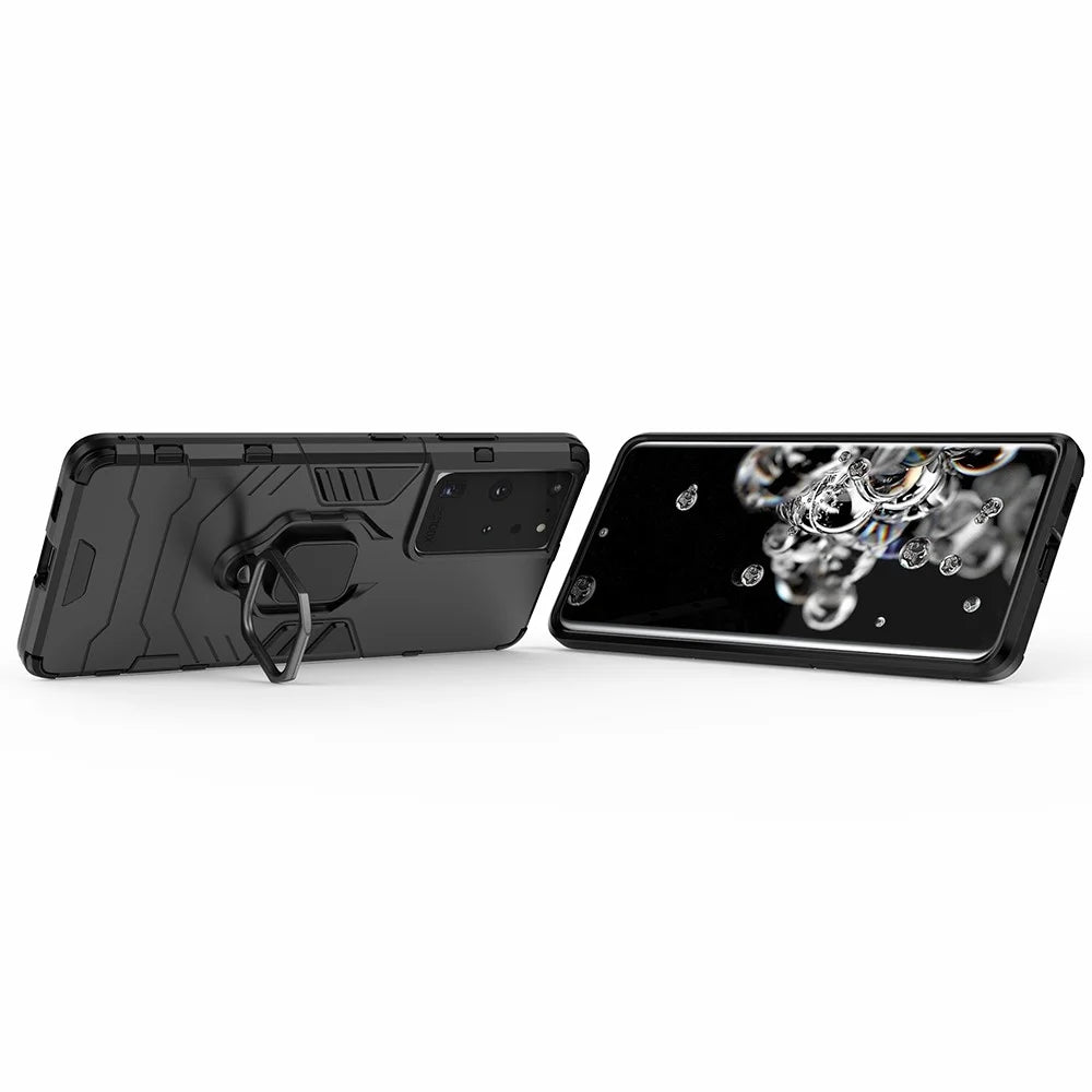 PC TPU Hybrid Case for Samsung Galaxy S21 Ultra 5G Cool Guard Ring Holder Kickstand Shell - Black - 7