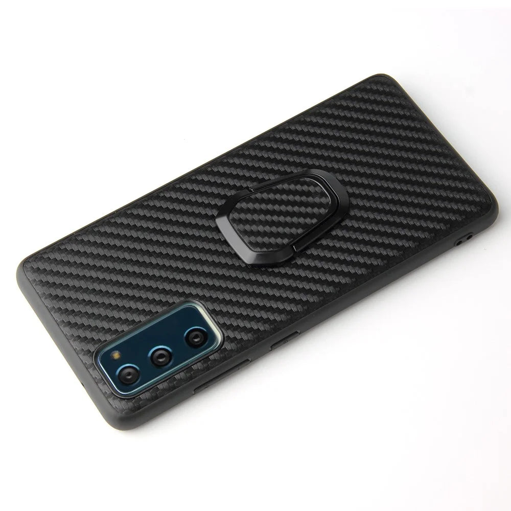 For Samsung Galaxy S20 FE 4G/5G/S20 Lite/S20 FE 2022 PU Leather Coated Phone Cover Shell + Ring-Shape Kickstand - Carbon Fiber Texture - 2