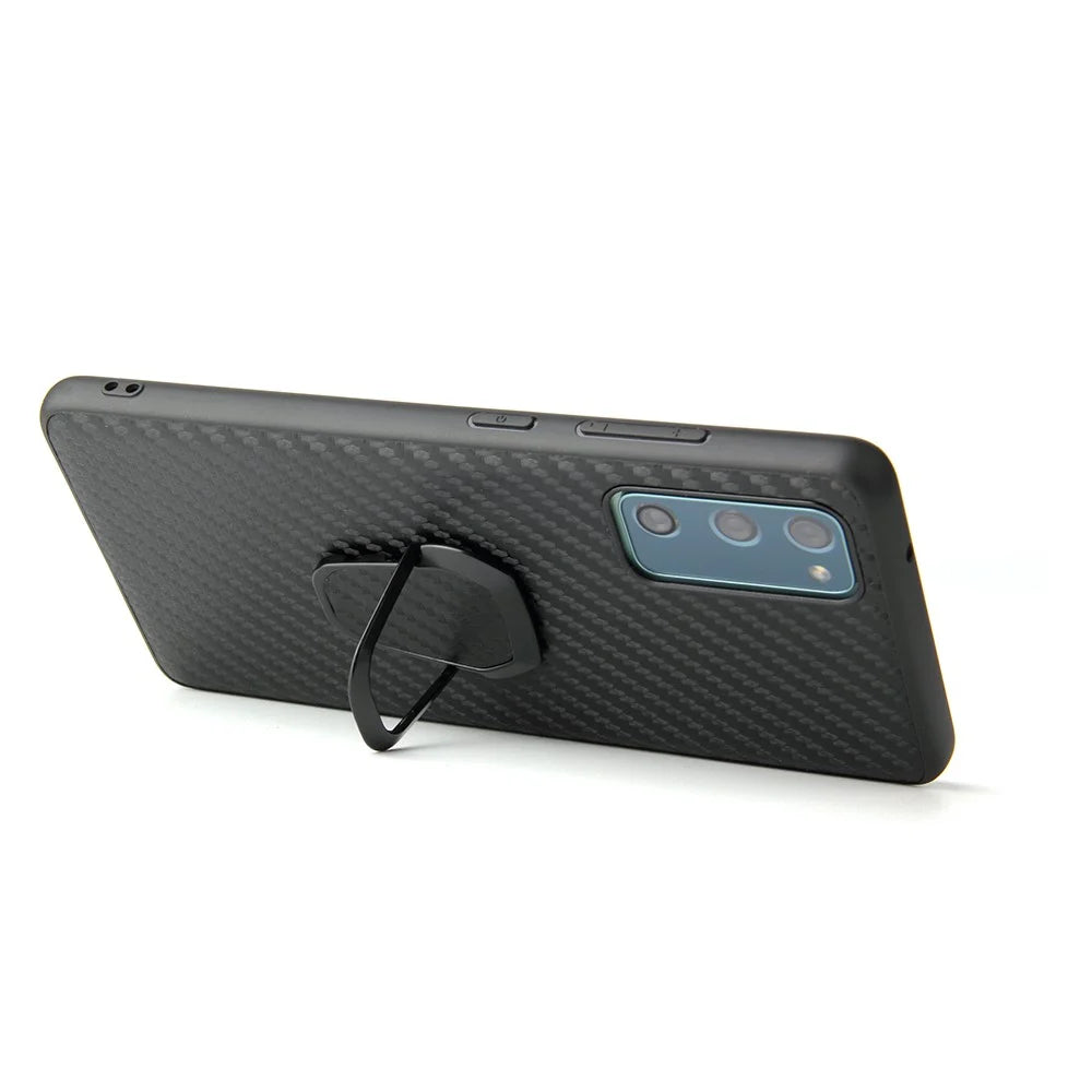 For Samsung Galaxy S20 FE 4G/5G/S20 Lite/S20 FE 2022 PU Leather Coated Phone Cover Shell + Ring-Shape Kickstand - Carbon Fiber Texture - 5
