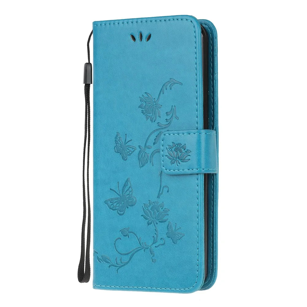 Imprint Butterfly Flowers Pattern Leather Wallet Phone Cover for Samsung Galaxy A02s (164.2mm) - Blue - 2