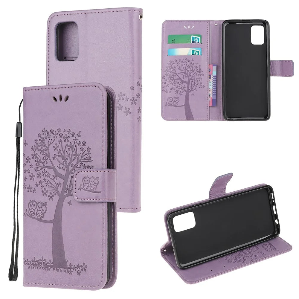 Imprint Tree Owl Pattern Leather Stylish Wallet Case for Samsung Galaxy A02s (164.2mm) - Purple - 1