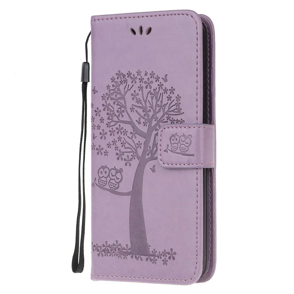 Imprint Tree Owl Pattern Leather Stylish Wallet Case for Samsung Galaxy A02s (164.2mm) - Purple - 2