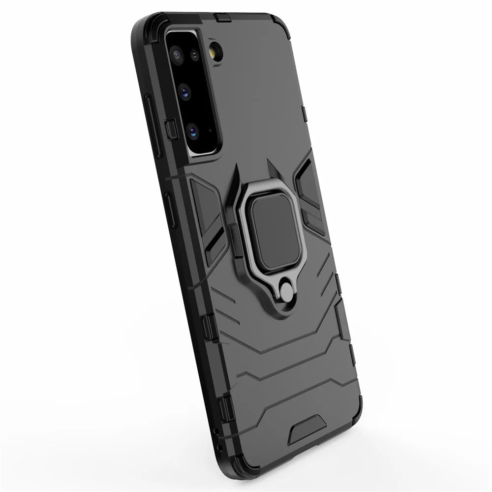 PC + TPU Combo Hybrid Case with Ring Holder Kickstand for Samsung Galaxy S21 4G/5G - Black - 5