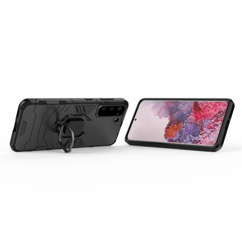 PC + TPU Combo Hybrid Case with Ring Holder Kickstand for Samsung Galaxy S21 4G/5G - Black - 6