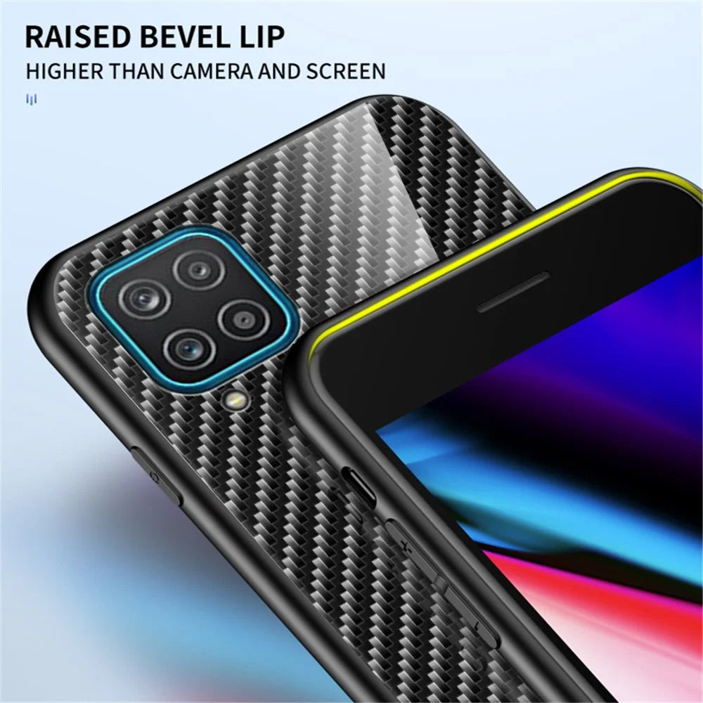 Tempered Glass Phone Cover Case with Carbon Fiber Design for Samsung Galaxy A12 - Black Fiber - 2