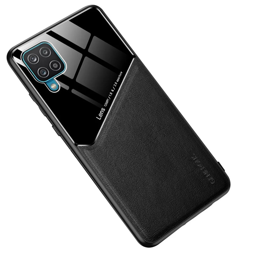 Leather Coated PC + TPU + Glass Splicing Design Case for Samsung Galaxy A12 - Black - 1