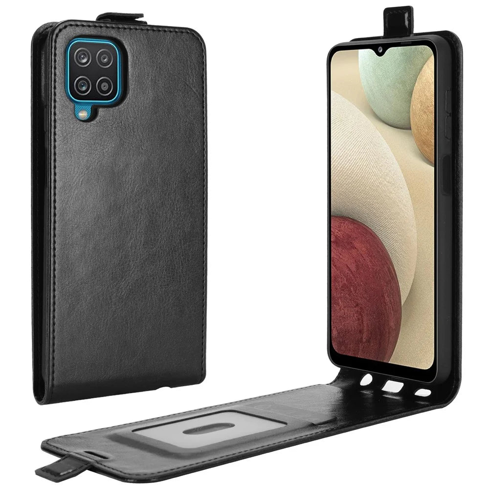 Crazy Horse Texture Vertical Flip Phone Cover Case with Card Slot for Samsung Galaxy A12 - Black - 1