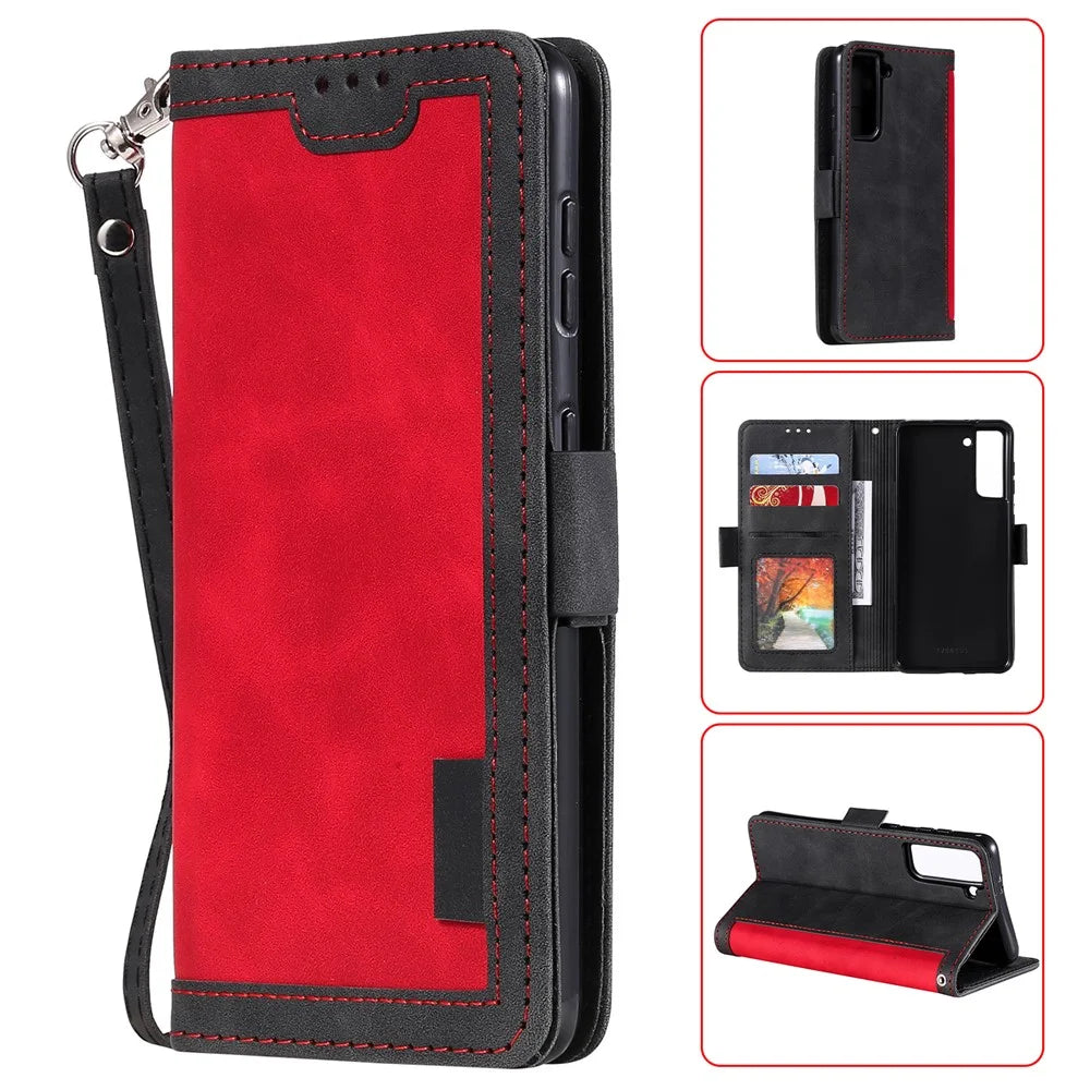 Retro Style Splicing Leather Cover for Samsung Galaxy S21 4G/5G Wallet Case - Red - 1