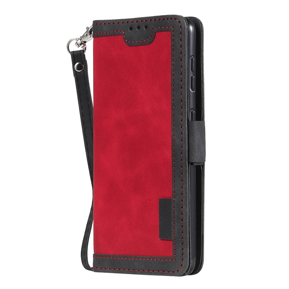 Retro Style Splicing Leather Cover for Samsung Galaxy S21 4G/5G Wallet Case - Red - 4
