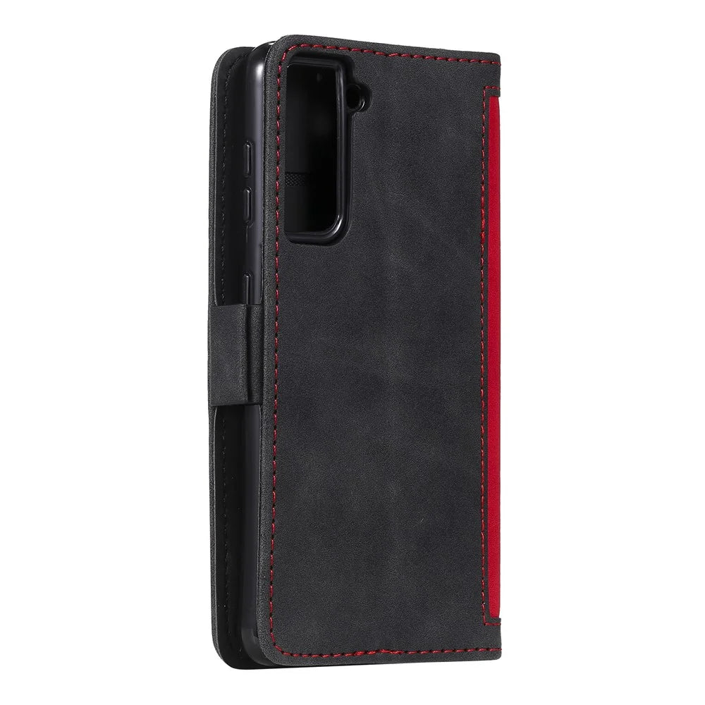 Retro Style Splicing Leather Cover for Samsung Galaxy S21 4G/5G Wallet Case - Red - 5