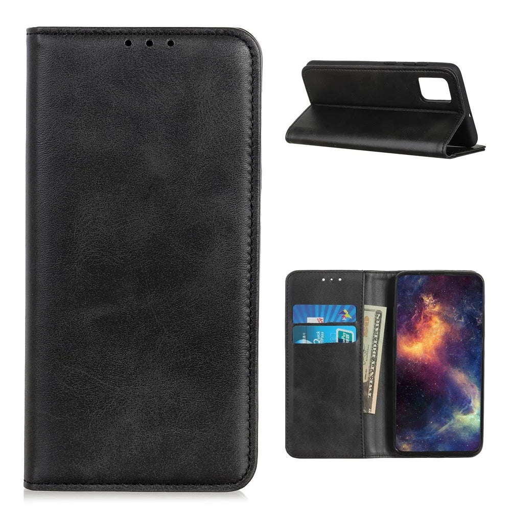 Auto-absorbed Scratch-resistant Split Leather Wallet Case for Samsung Galaxy A52 4G/5G / A52s 5G Stand Protector - Black - 1