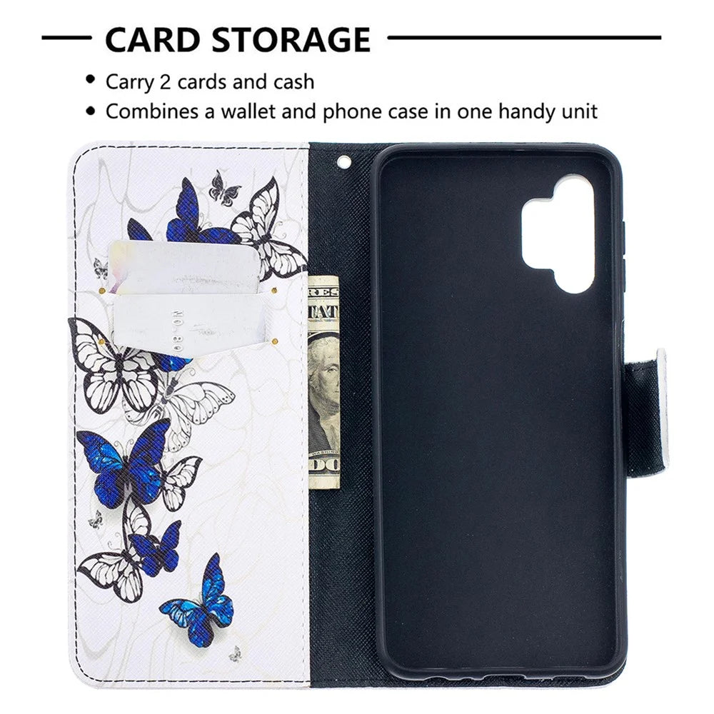 Pattern Printing Wallet Stand Flip Leather Phone Cover for Samsung Galaxy A32 5G / M32 5G - Blue Butterflies - 3