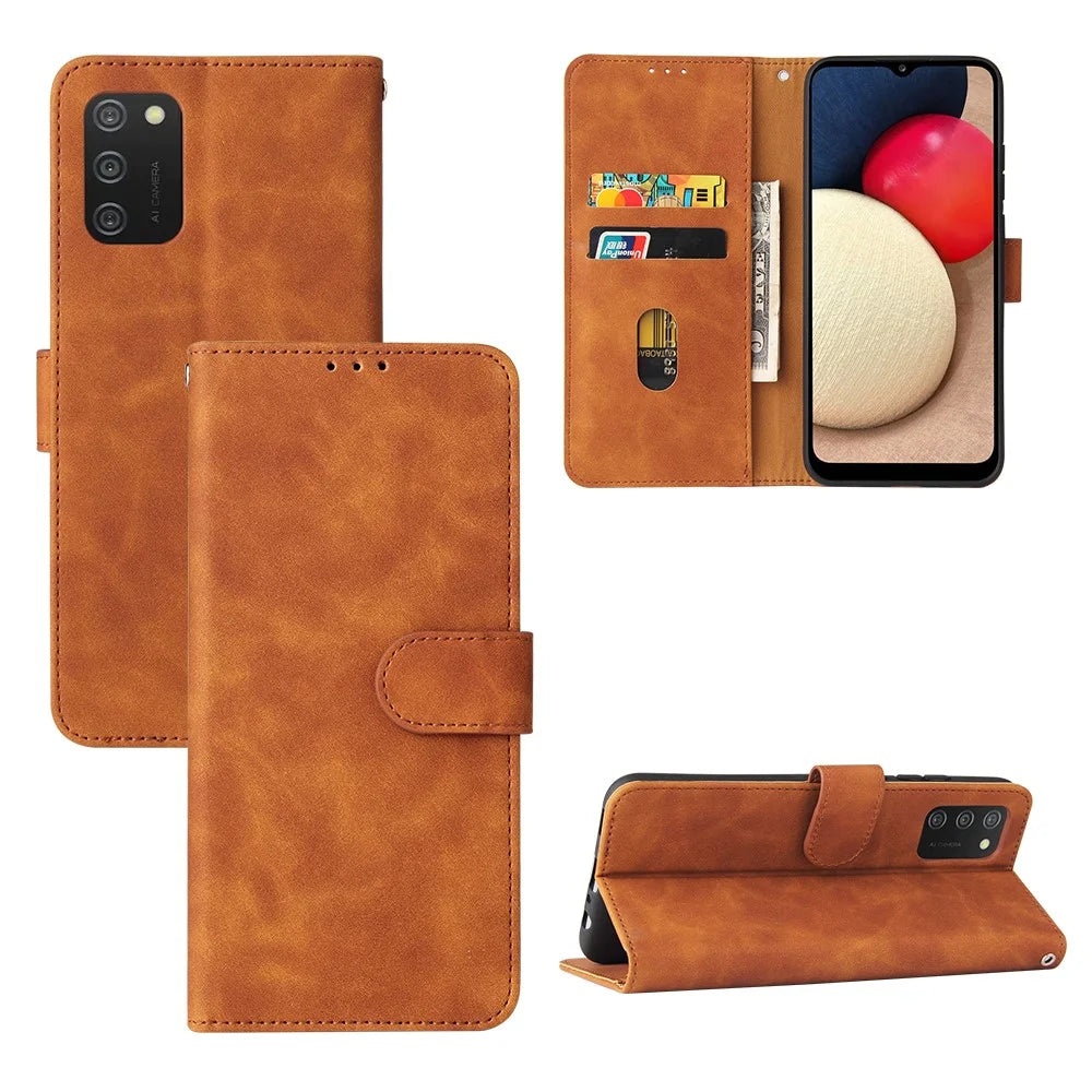 Wallet Stand Design Skin-feeling Wallet Leather Phone Case for Samsung Galaxy A02s (166.5mm) - Brown - 2