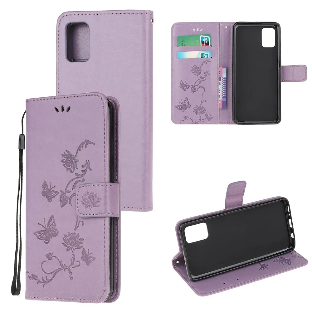 Butterfly Flowers Imprint Inside and Outside Leather Wallet Phone Cover for Samsung Galaxy A72 4G/5G - Purple - 1