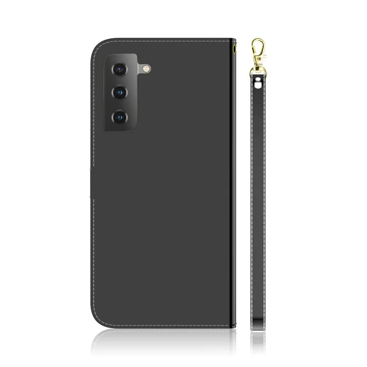 Mirror-like Surface Leather Wallet Stand Design Case with Wrist Strap for Samsung Galaxy S21 Plus 5G - Black - 2