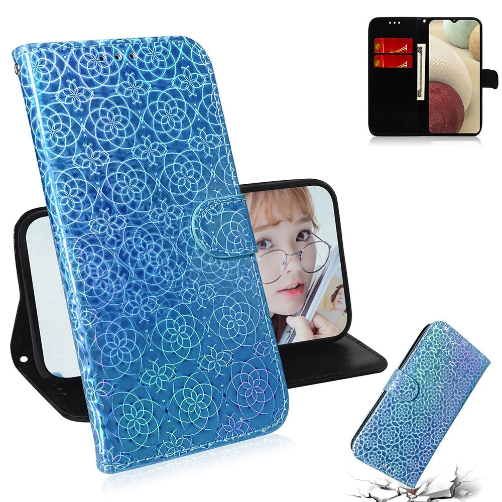 Flower Pattern Leather Stand Wallet Cover Case for Samsung Galaxy A12 - Blue - 1