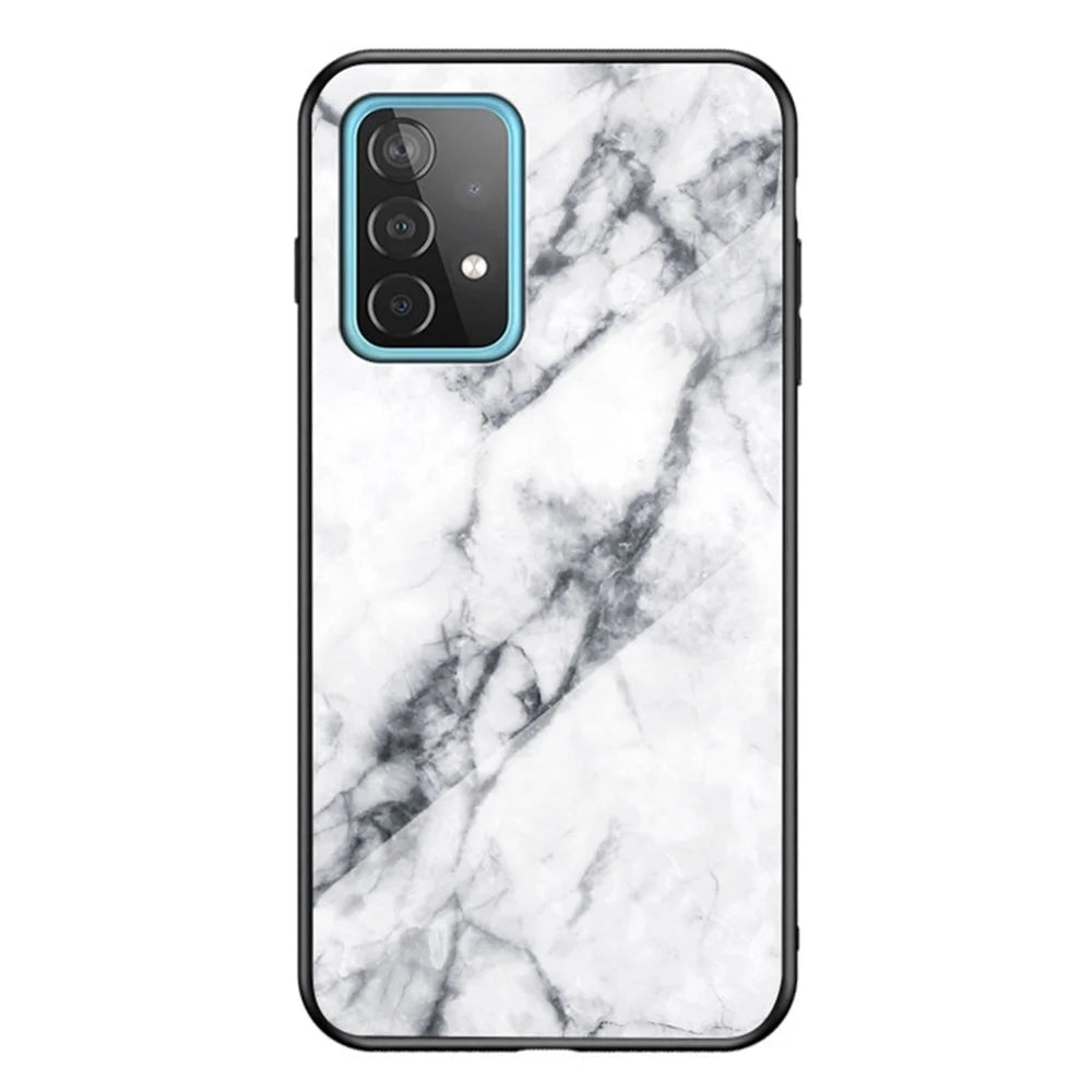 For Samsung Galaxy A52 4G/5G / A52s 5G Tempered Glass+PC Back TPU Frame Case Marble Pattern Design Shock Protective Cover - White Marble - 1