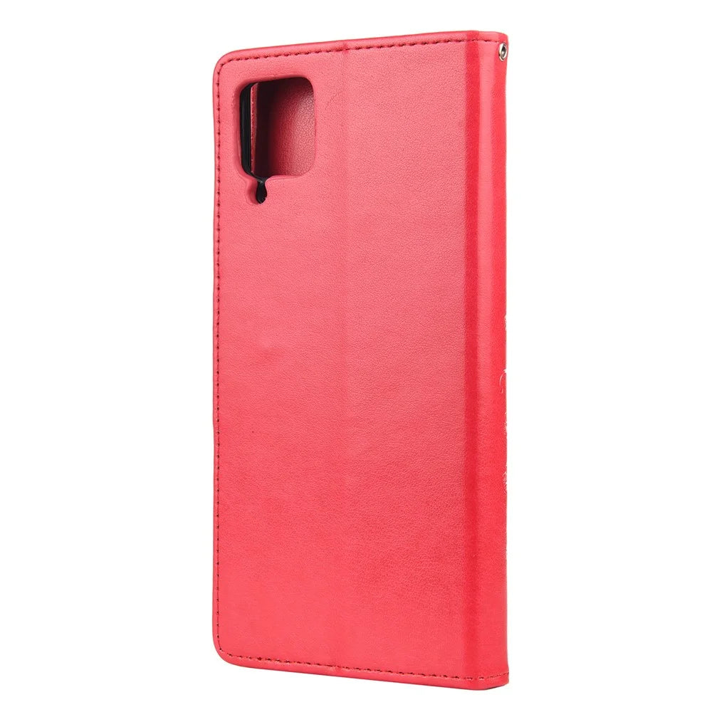 Leather Wallet Butterfly Flower Imprinting Case with Stand for Samsung Galaxy A12 - Red - 3