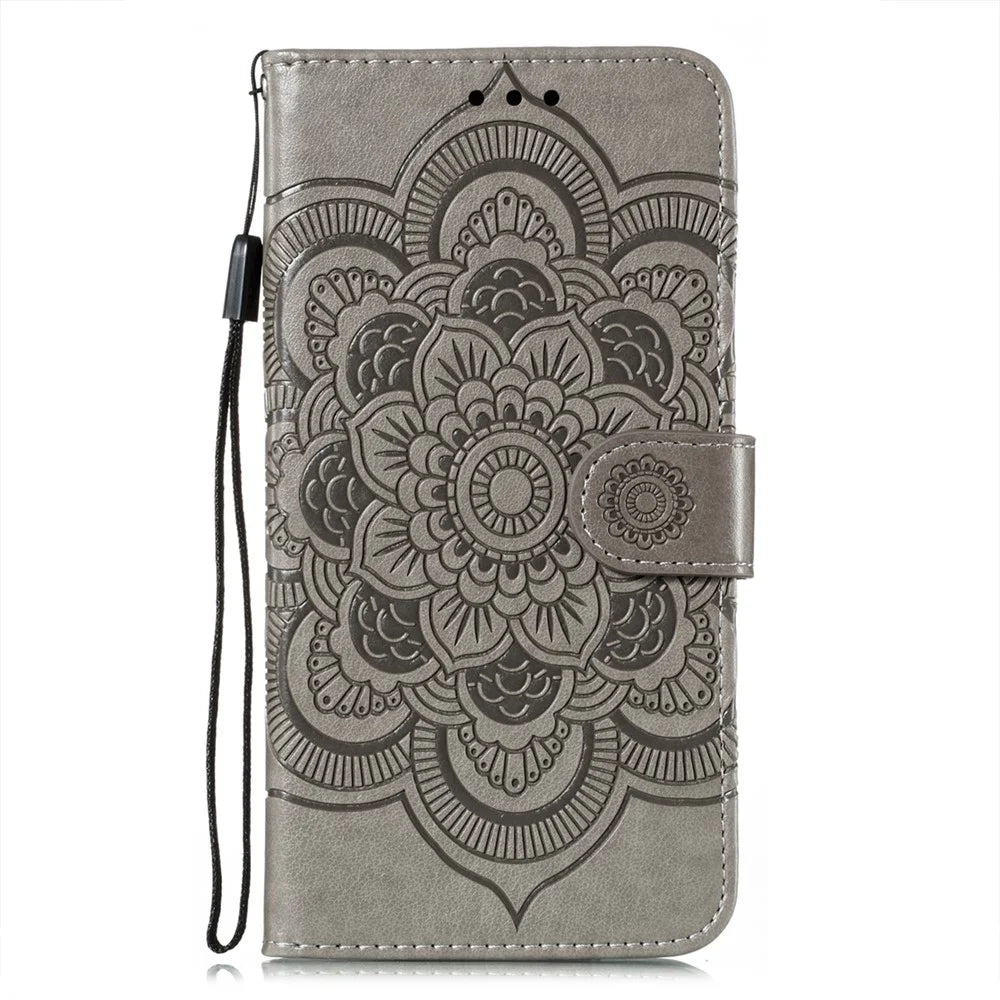 Imprint Mandala Flower Leather Phone Cover for Samsung Galaxy S21 4G/5G Stand Case - Grey - 2
